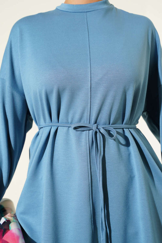 تونيك منخفض الأكمام مزدوج اللون نيلي