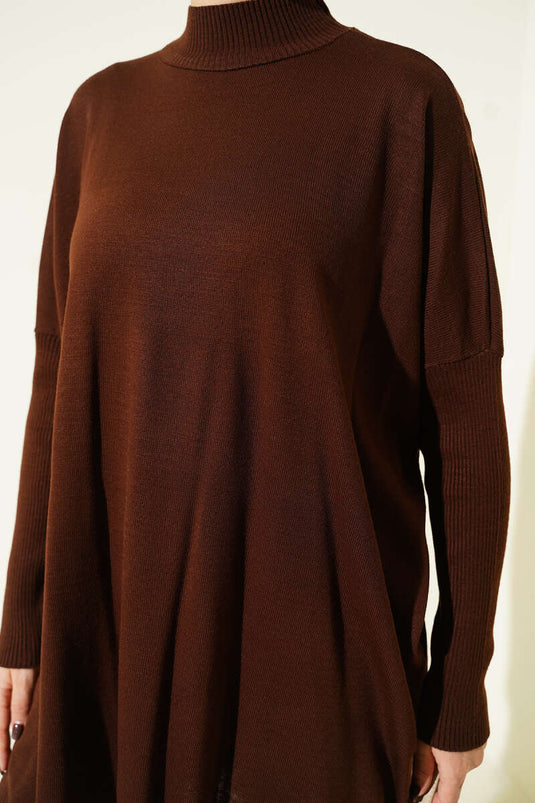 Tunique En Maille À Manches Longues Couleur Café Avec Détails
