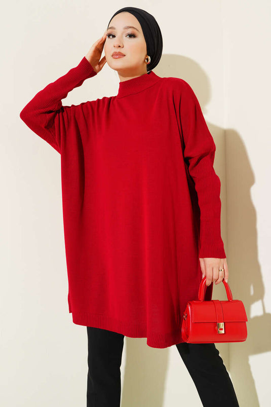 Tunique En Maille Rouge À Manches Longues Et Détail Décolleté