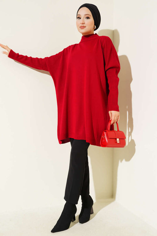 Tunique En Maille Rouge À Manches Longues Et Détail Décolleté