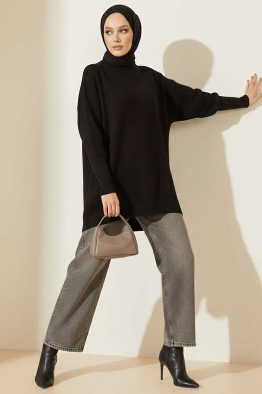 Stricktunika mit überschnittenen Ärmeln, schwarz