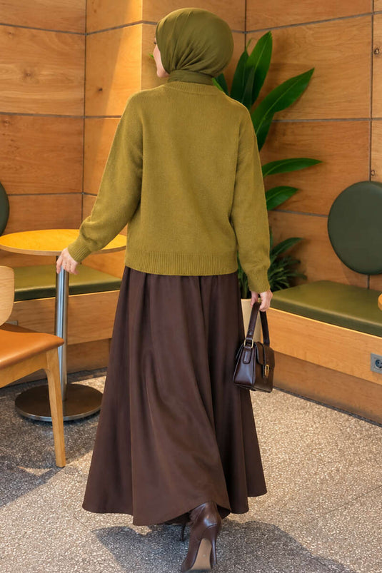 Pull En Maille Côtelé À Manches Basses Vert Olive