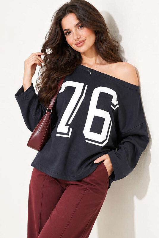 Düşük Omuz Baskılı Sweatshirt Füme