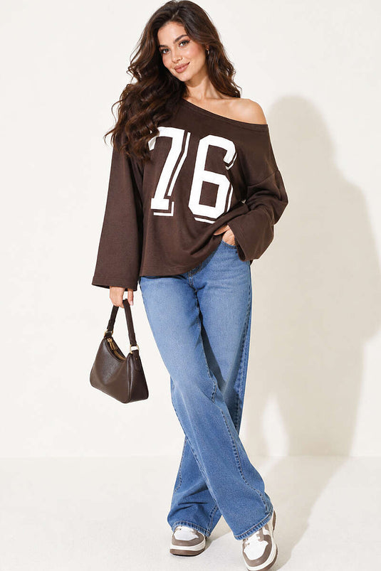 Düşük Omuz Baskılı Sweatshirt Kahve