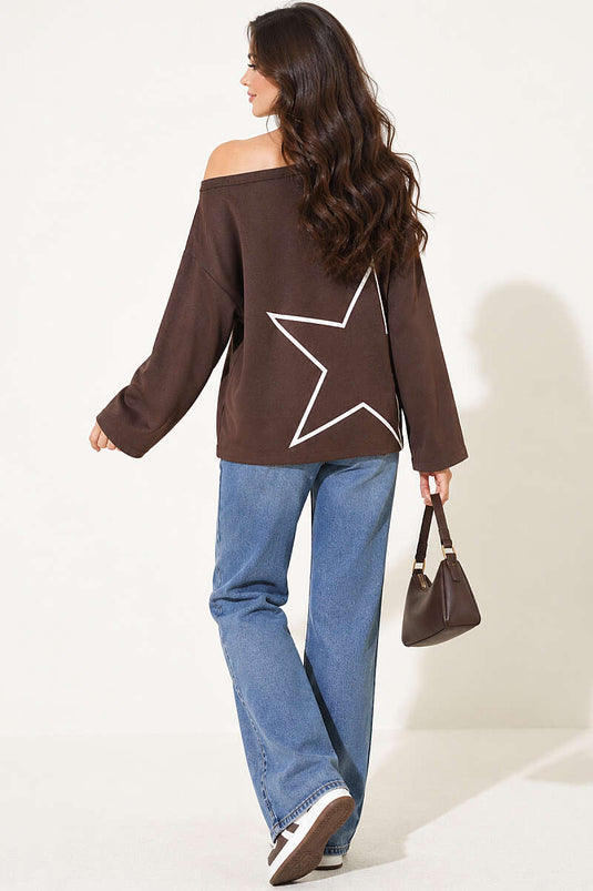 Düşük Omuz Baskılı Sweatshirt Kahve