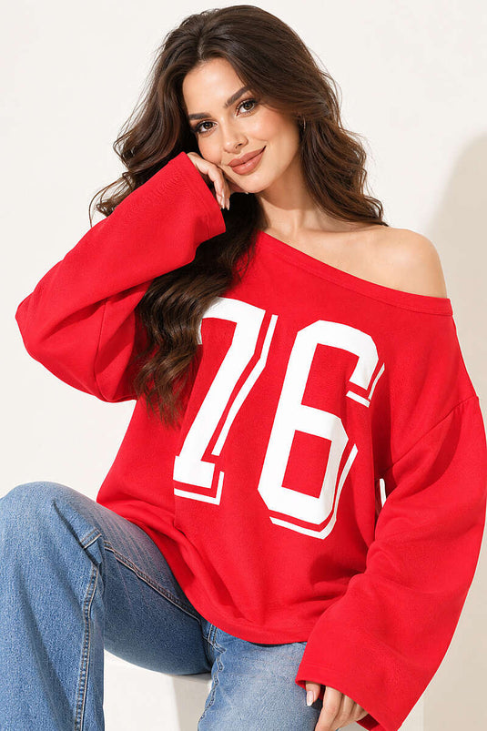 Düşük Omuz Baskılı Sweatshirt Kırmızı