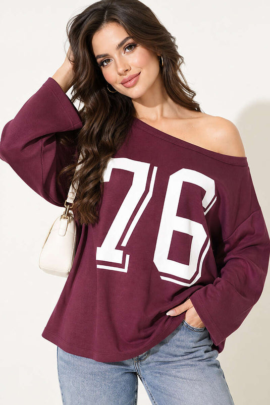 Düşük Omuz Baskılı Sweatshirt Mürdüm