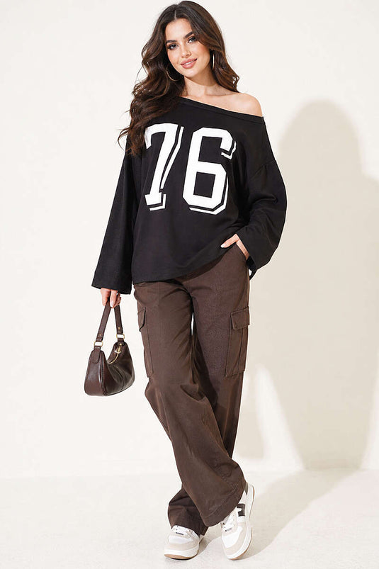 Düşük Omuz Baskılı Sweatshirt Siyah