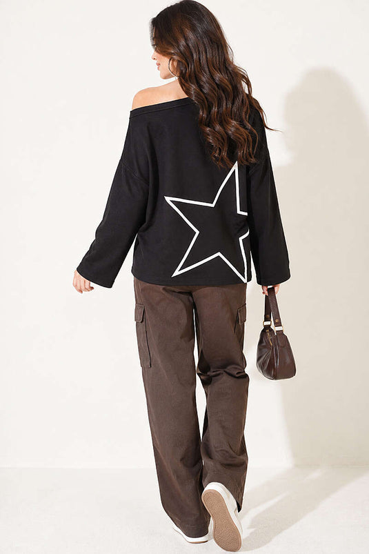 Düşük Omuz Baskılı Sweatshirt Siyah