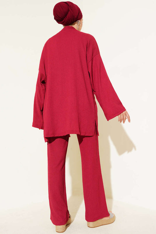 Düşük Omuz Bürümcük Kimono İkili Takım Bordo