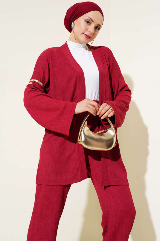 Düşük Omuz Bürümcük Kimono İkili Takım Bordo