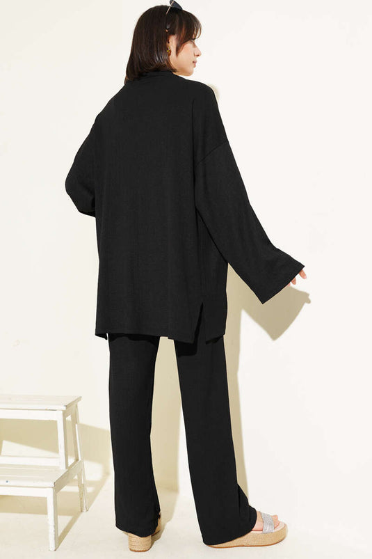 Düşük Omuz Bürümcük Kimono İkili Takım Siyah