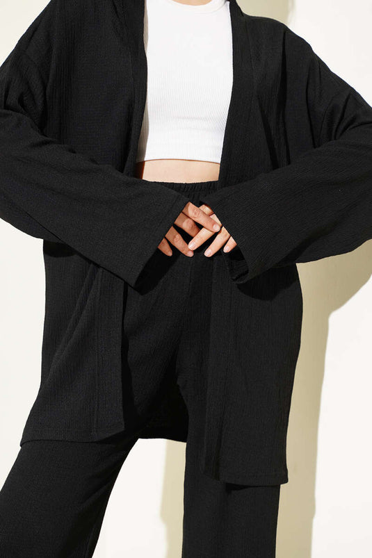 Low Shoulder Crepe Kimono Two-Piece Set Black