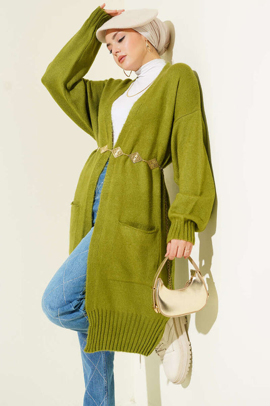 Low Shoulder Pocketed Knit Cardigan Green