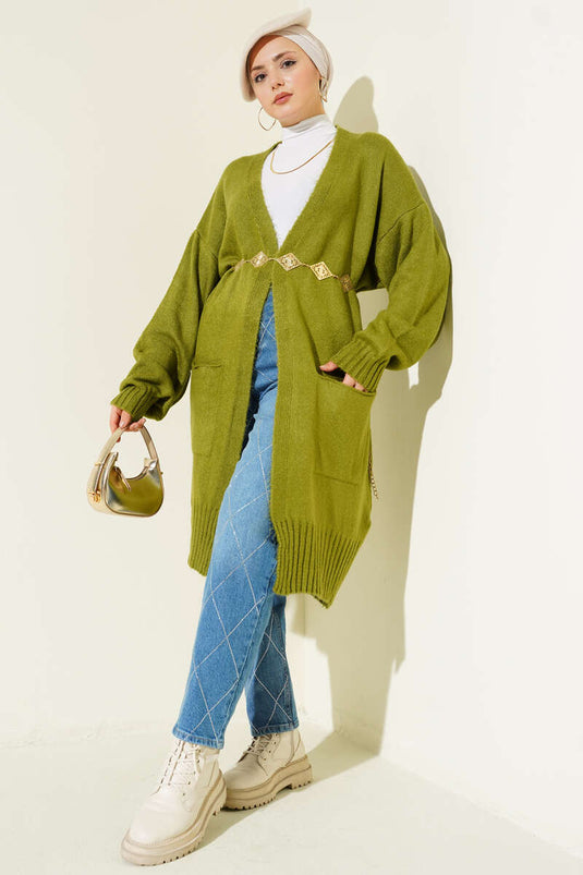 Low Shoulder Pocketed Knit Cardigan Green