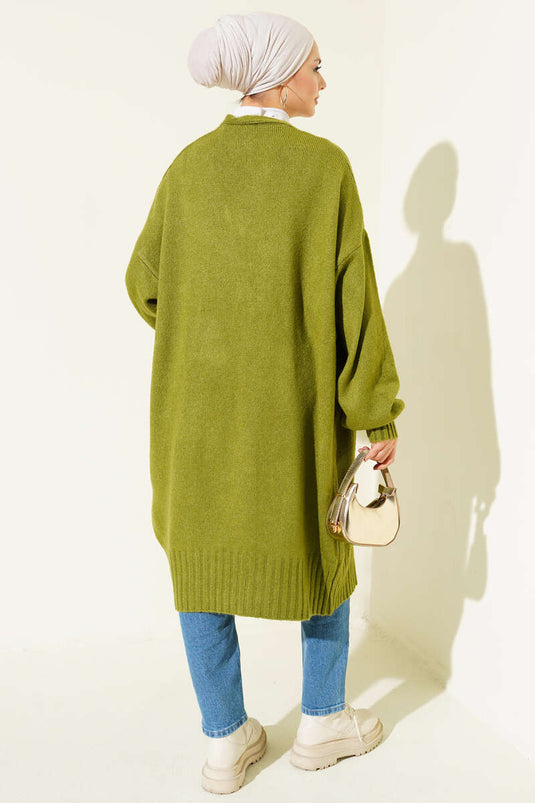 Low Shoulder Pocketed Knit Cardigan Green