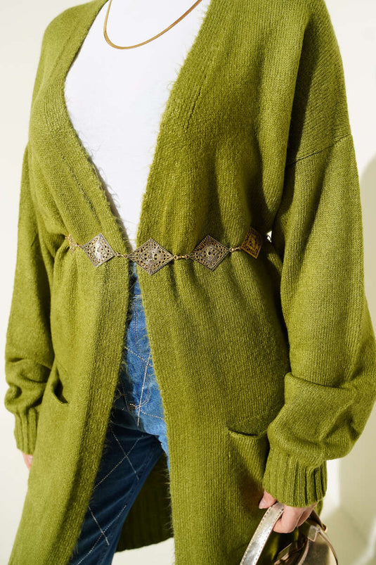 Low Shoulder Pocketed Knit Cardigan Green