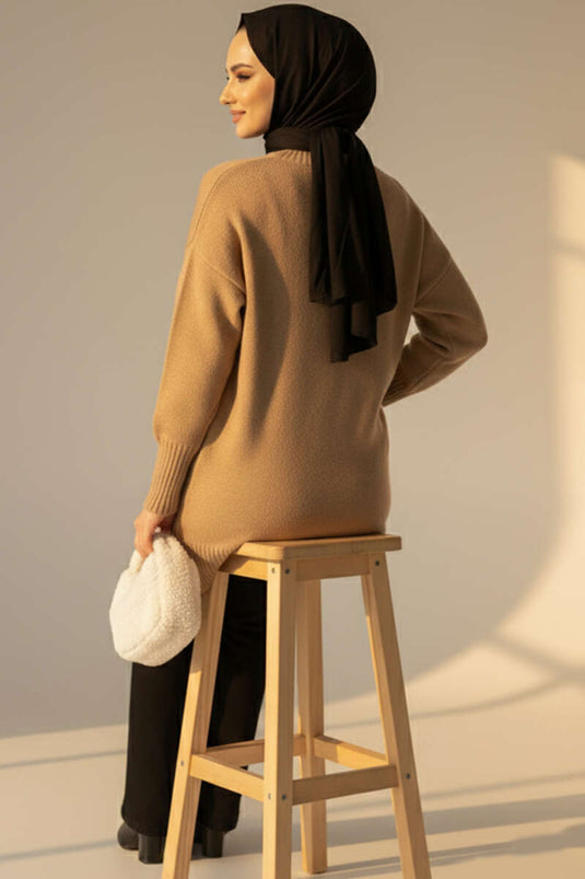 Düşük Omuz Detaylı Triko Tunik Latte