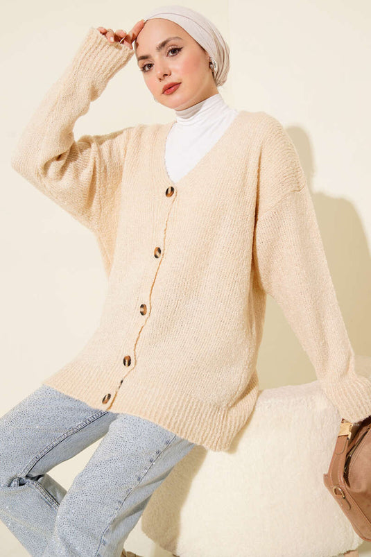 كارديغان محبوك بأزرار وكتف منخفض بلون بيج