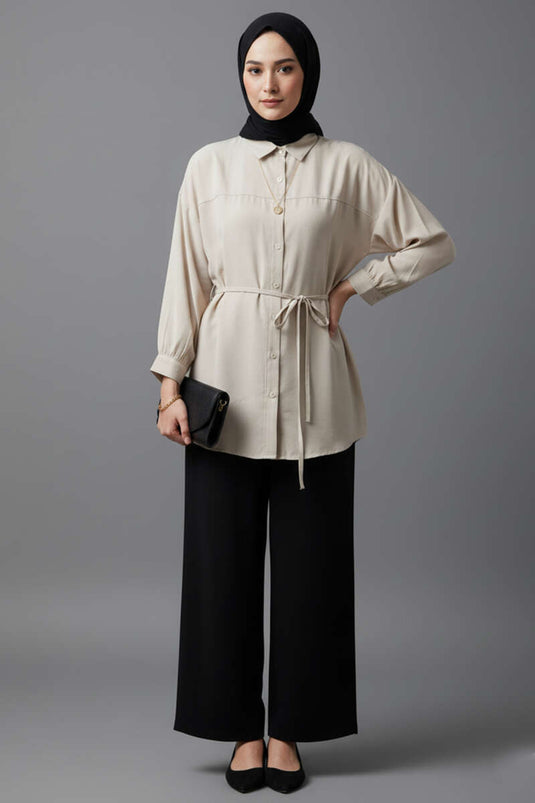Chemise en modal à épaules tombantes avec ceinture à cordon, couleur pierre