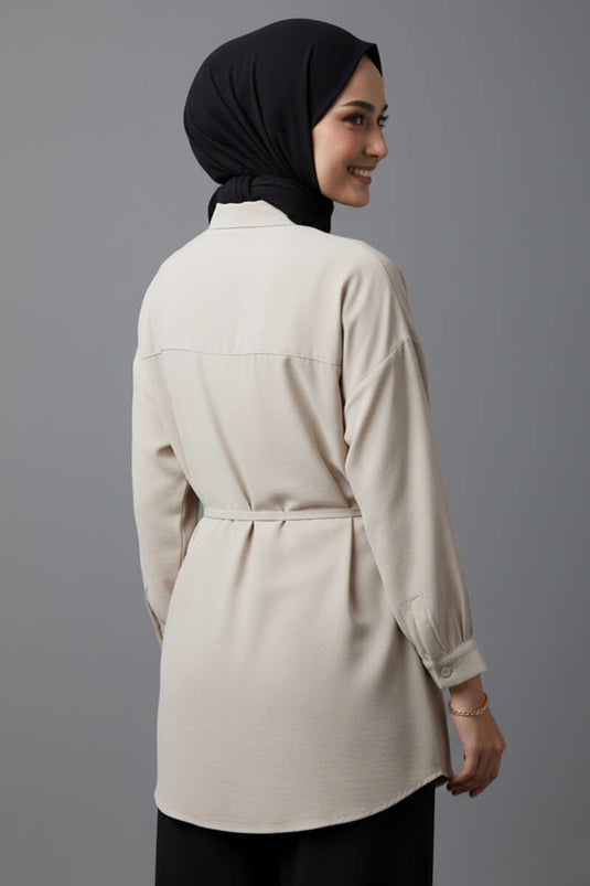 Chemise en modal à épaules tombantes avec ceinture à cordon, couleur pierre
