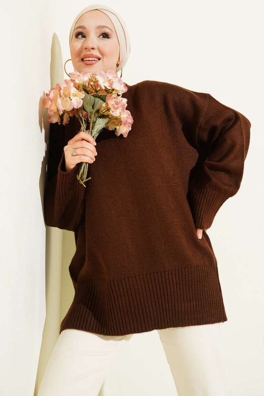 Düşük Omuz Salaş Triko Tunik Kahve