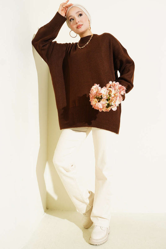 Düşük Omuz Salaş Triko Tunik Kahve