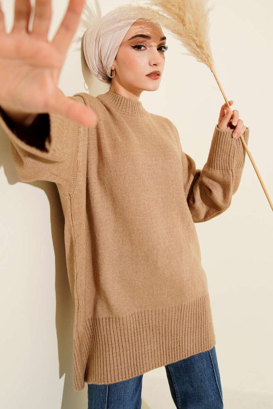 Düşük Omuz Salaş Triko Tunik Latte