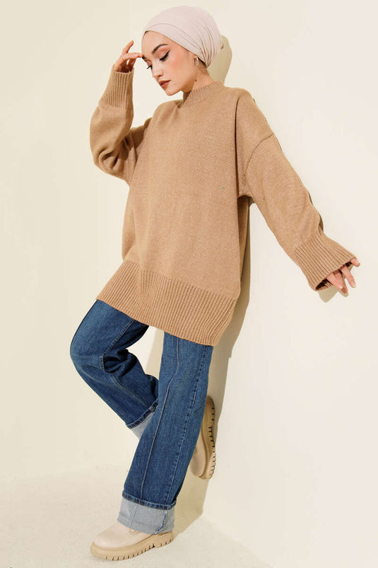 Düşük Omuz Salaş Triko Tunik Latte