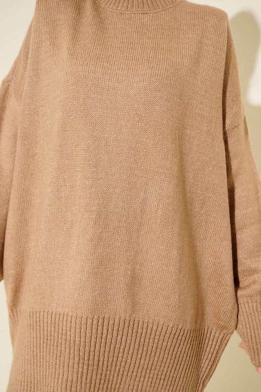 Düşük Omuz Salaş Triko Tunik Latte