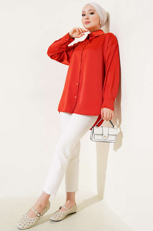 Off Shoulder Satin Shirt Brick Red