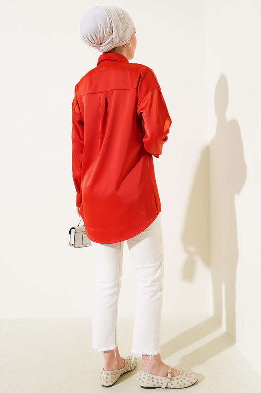 Off Shoulder Satin Shirt Brick Red