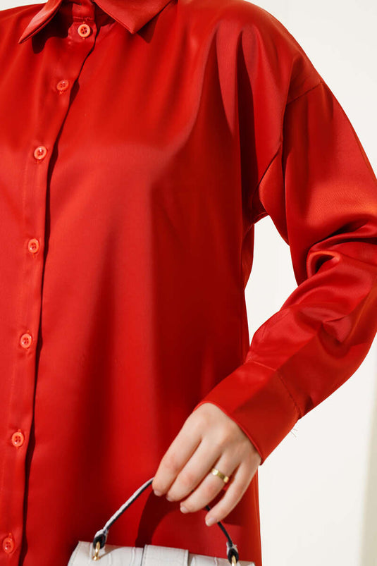 Off Shoulder Satin Shirt Brick Red