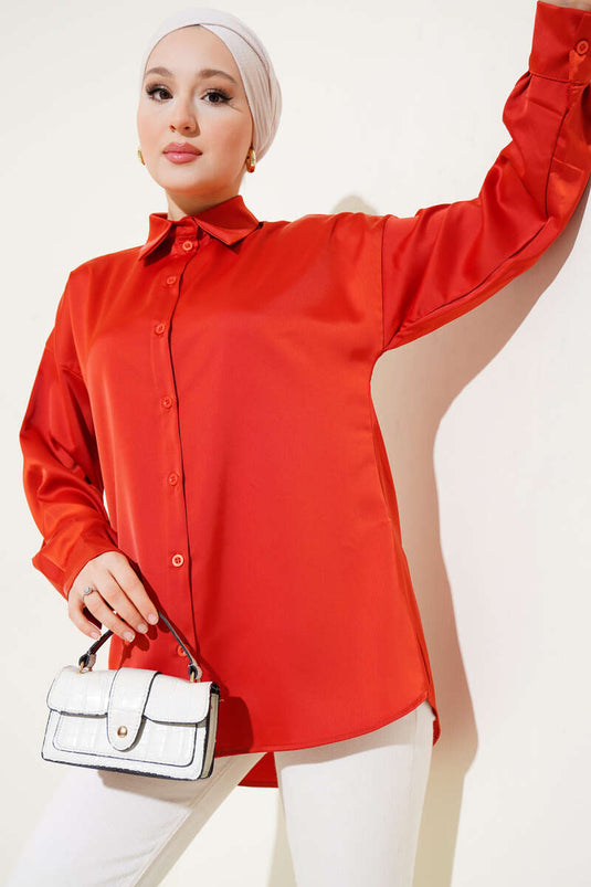 Off Shoulder Satin Shirt Brick Red