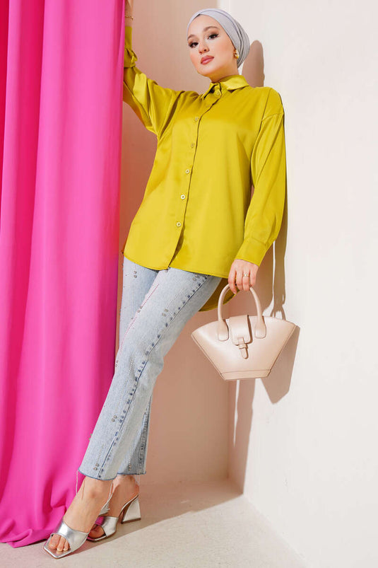 Off Shoulder Satin Shirt Oil Green