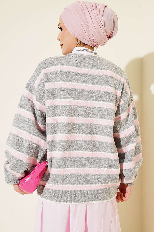 Gilet En Maille À Rayures Décolleté En Gris Et Rose