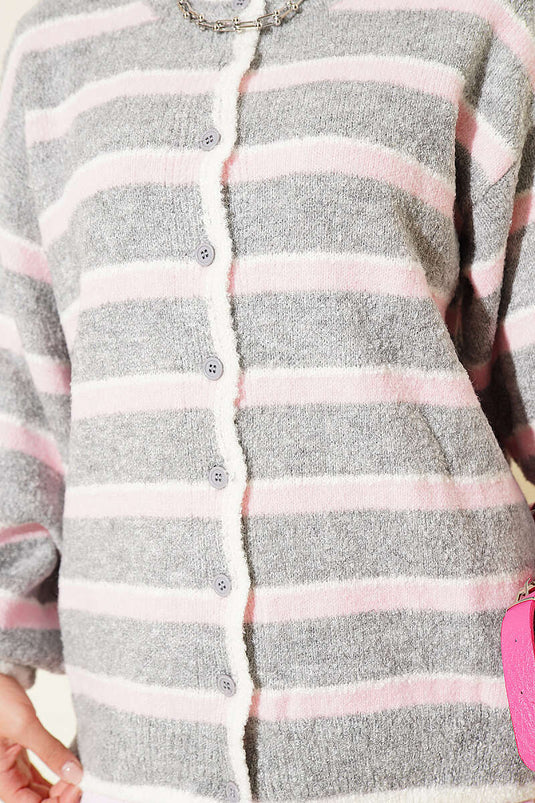 Gilet En Maille À Rayures Décolleté En Gris Et Rose