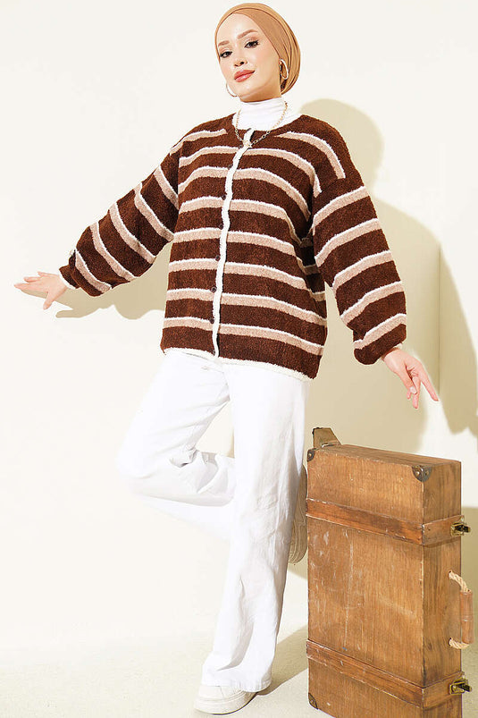 Cardigan A Righe Con Spalle Scoperte In Marrone E Beige
