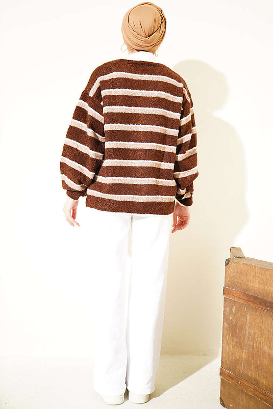 Cardigan A Righe Con Spalle Scoperte In Marrone E Beige