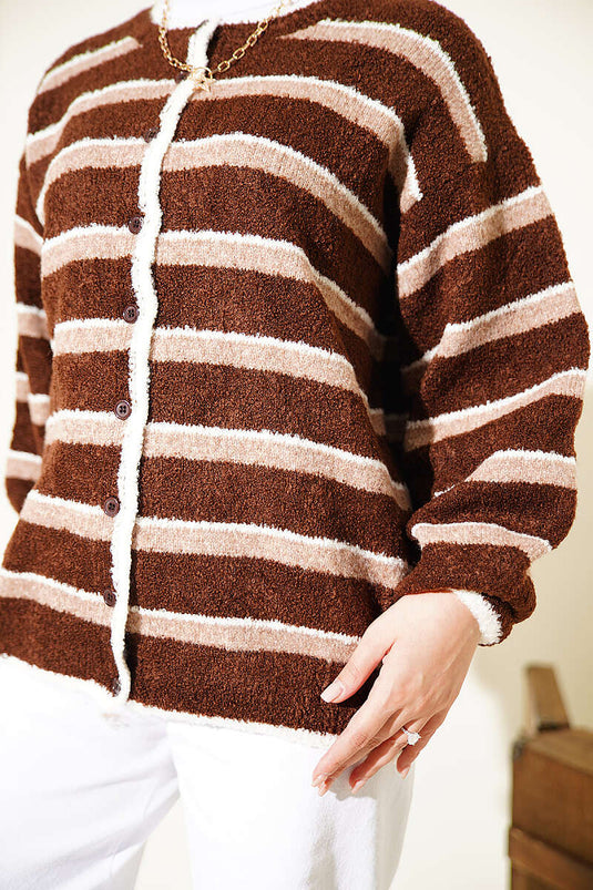 Cardigan A Righe Con Spalle Scoperte In Marrone E Beige