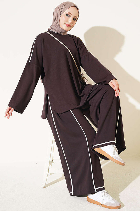 Off-Shoulder Striped Two-Piece Set In Bitter Coffee