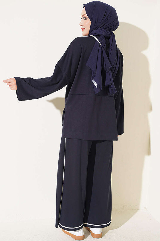 Off-Shoulder Navy Blue Striped Two-Piece Set