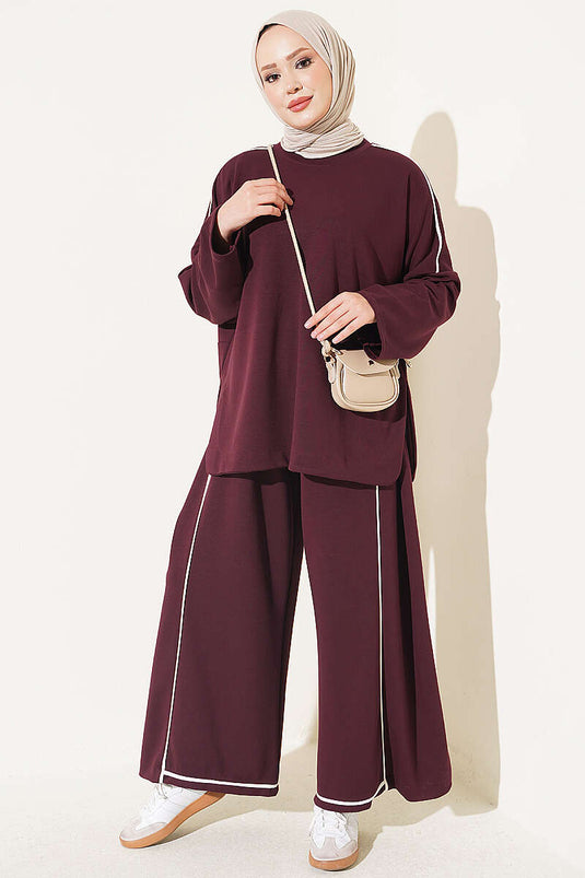 Off-Shoulder Striped Two-Piece Set In Plum