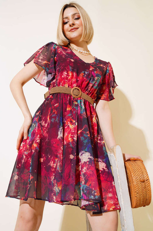 فستان إبرو متوسط الطول بحزام أحمر كلاريت