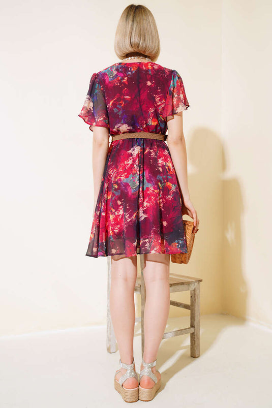 Robe mi-longue ceinturée à motif Ebru Rouge Claret