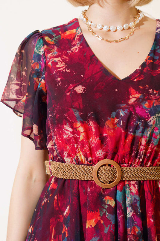 Robe mi-longue ceinturée à motif Ebru Rouge Claret