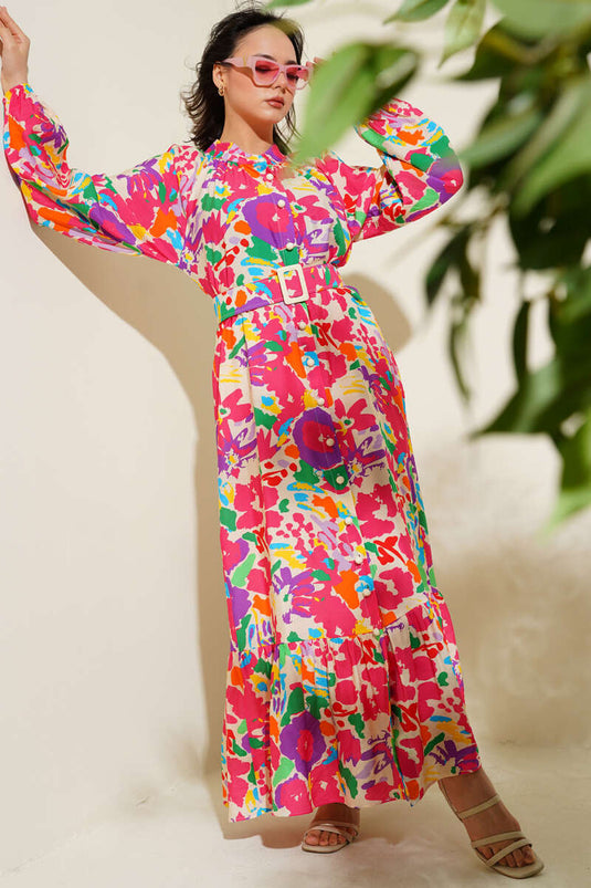 Ebru Desenli Kemerli Düğmeli Elbise Fuşya