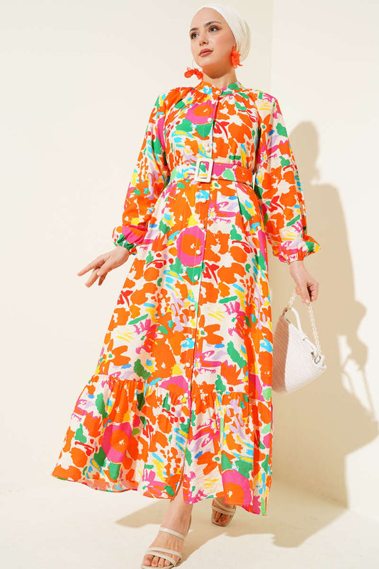 Ebru Desenli Kemerli Düğmeli Elbise Oranj