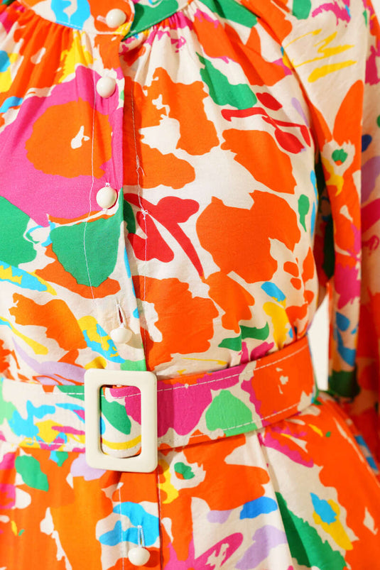 Ebru Desenli Kemerli Düğmeli Elbise Oranj