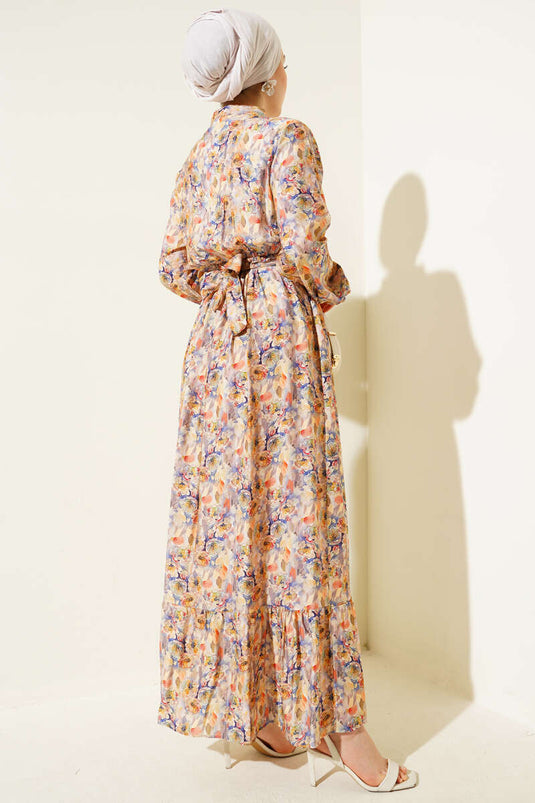 Marbled Floral Pattern Button-Down Dress Beige